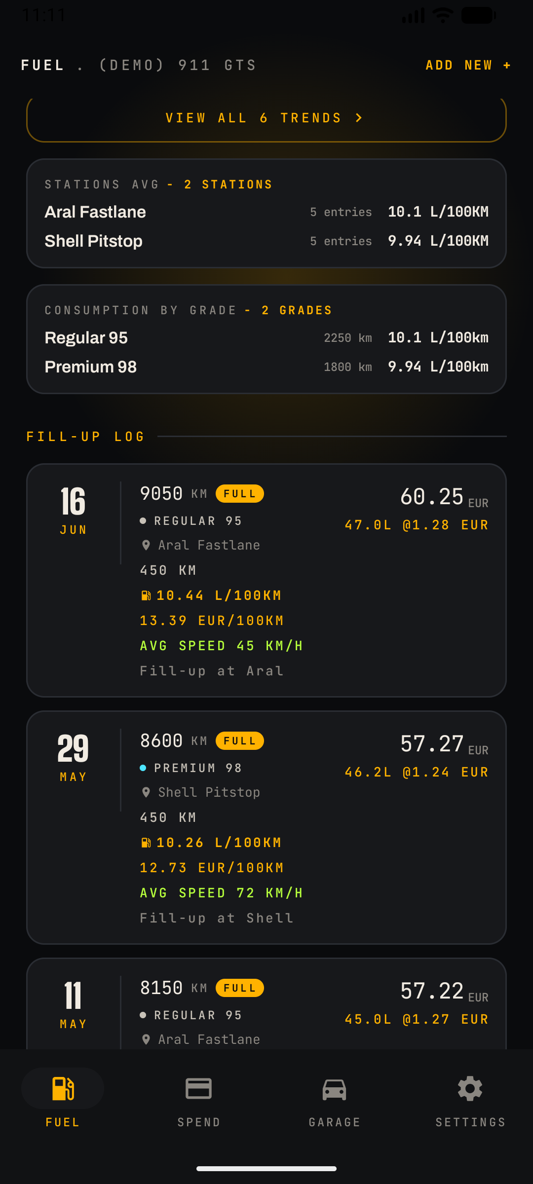 CarSpend Fuel screen scrolled down showing entry log