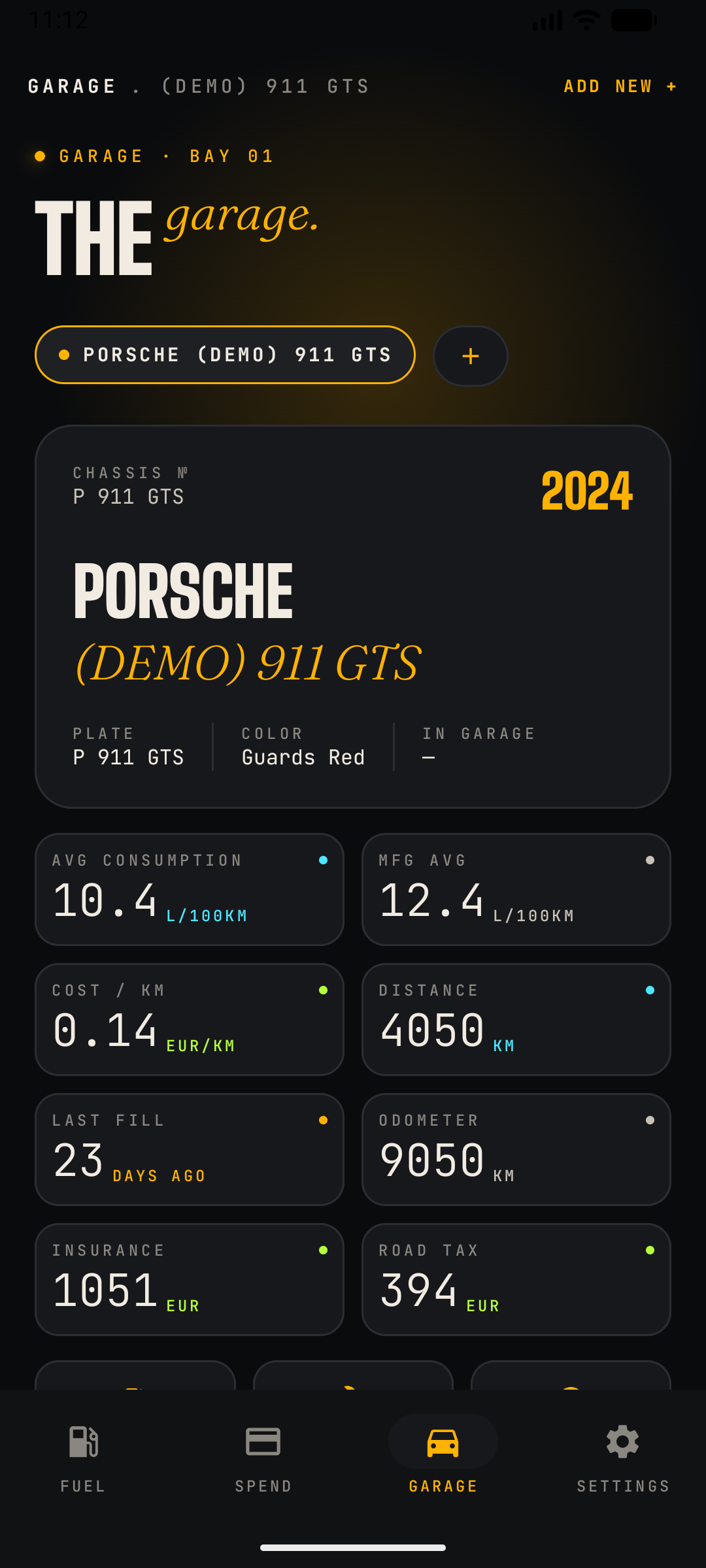 CarSpend Garage screen showing all cars and live stats