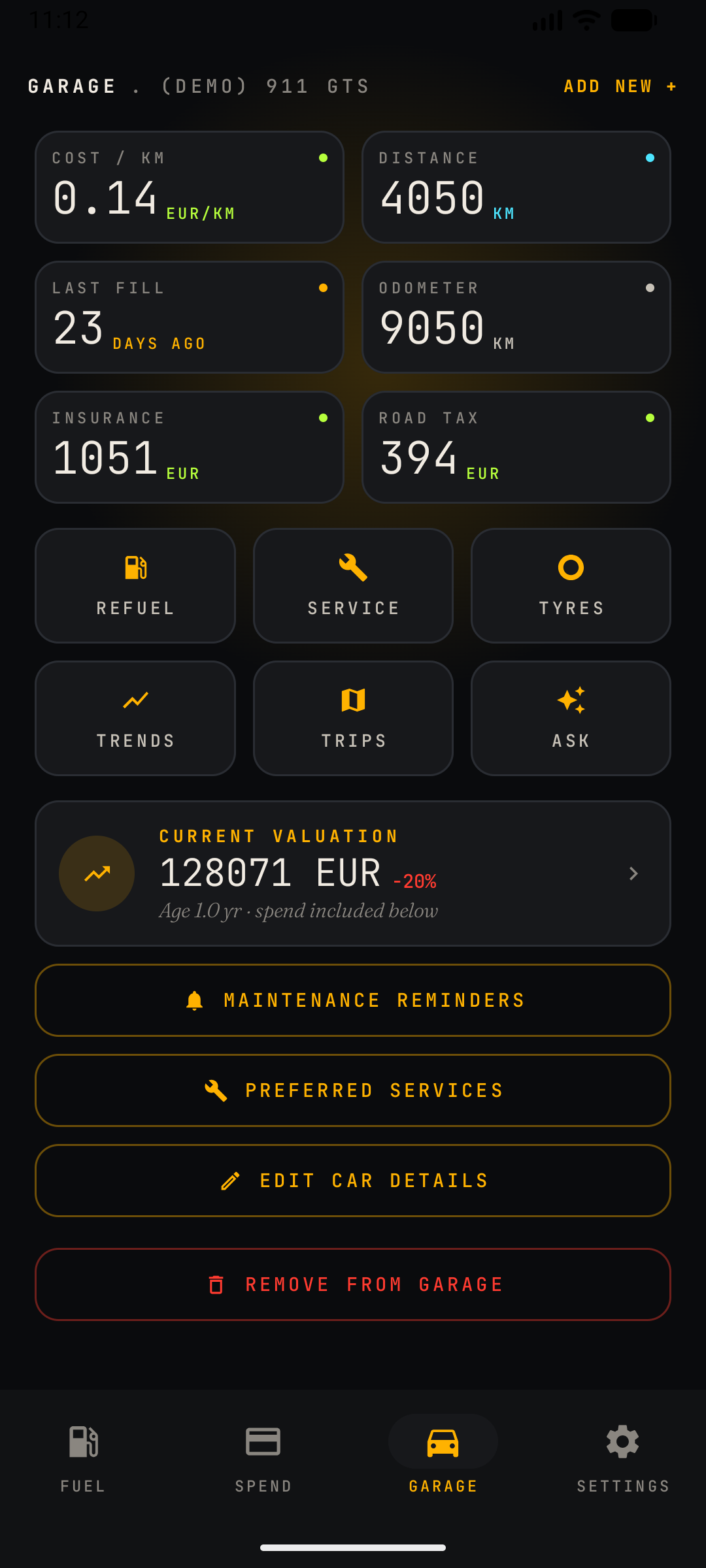 CarSpend Garage screen scrolled down showing more details