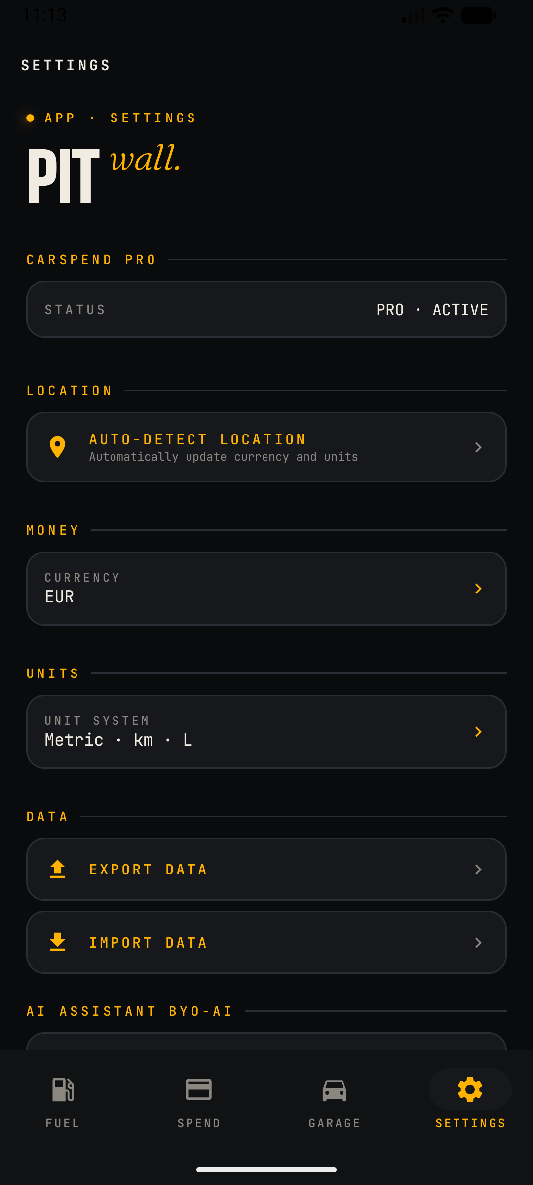 CarSpend Settings screen showing units, currency and backup