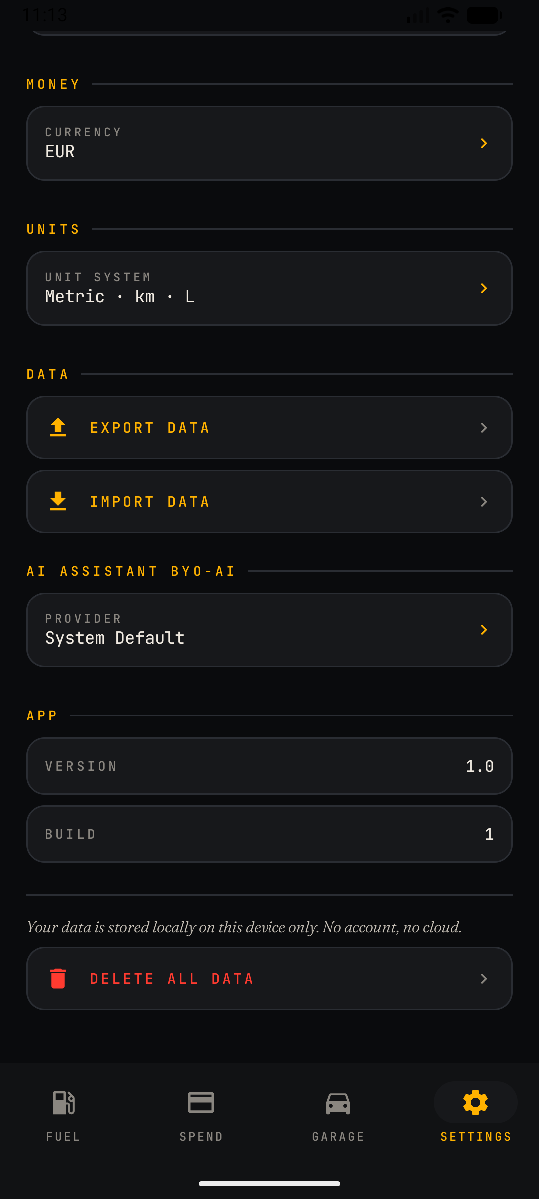 CarSpend Settings screen scrolled down showing export and import
