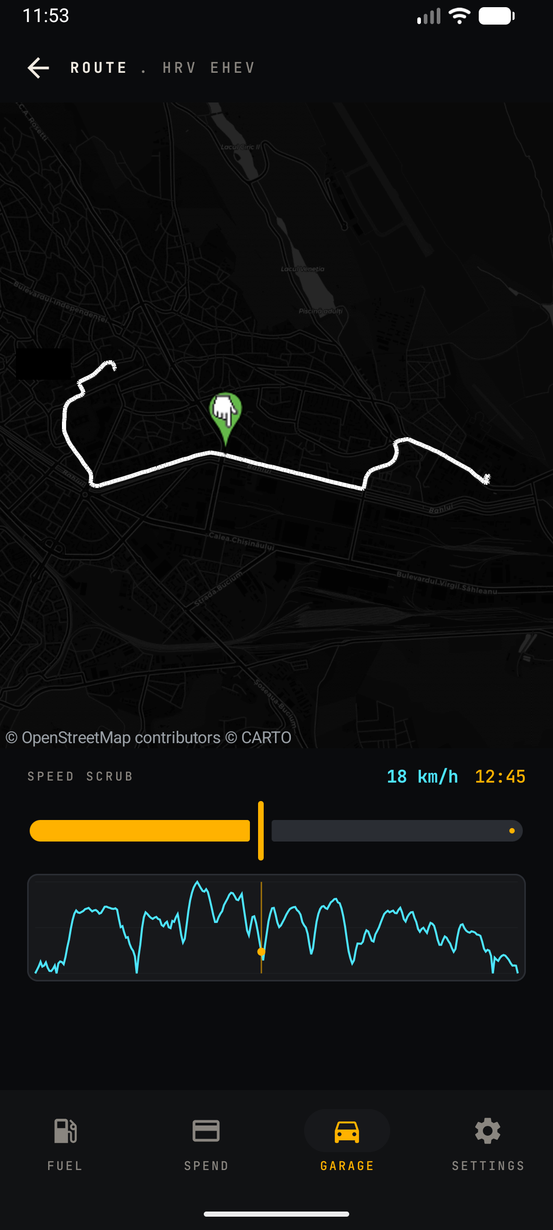 Recorded trip route on a map with a speed-scrub slider and speed-over-time graph